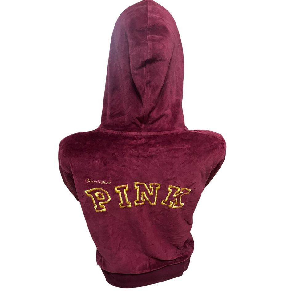 Vintage PINK Victoria's Secret Velour Zip Hoodie Burgundy Gold Embroidered L - Picture 2 of 7